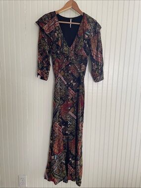 Free People Black and Rust Multi Patchwork Print V-Neck Maxi Dress